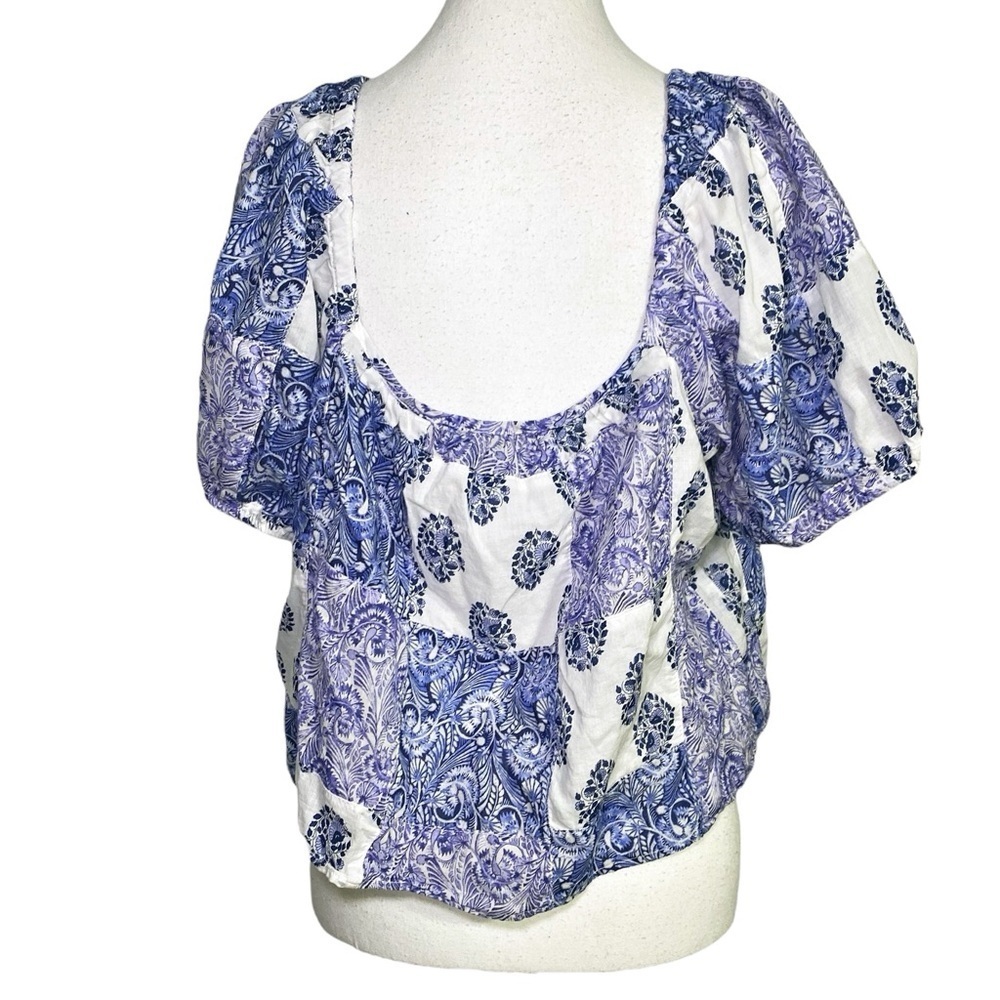 J. Crew Blue and White Patchwork Cropped Peasant Blouse - Picture 2 of 12